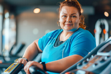 Fototapeta premium Happy confident overweight woman in blue fitness clothes on trainer treadmill in gym, close up, copy space, concept of healthy lifestyle, losing weight, work out in gym