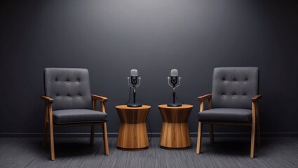 two chairs and microphones in podcast or interview room isolated on dark background as a wide banner for media conversations or podcast streamers concepts with copyspace