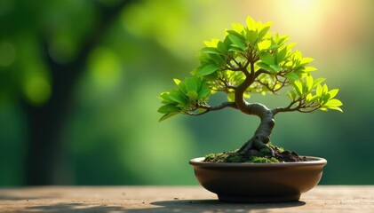 Delicate branches of bonsai tree stretch towards light, leafy, minimalist
