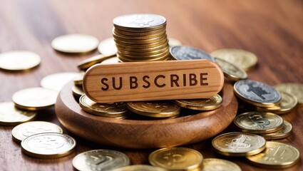 Wooden subscribe button on a pile of coins representing digital currency engagement and commitment in online content