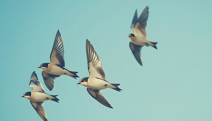 Four birds soaring in a clear sky