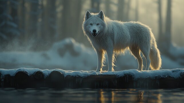 Arctic wolf sunrise, winter forest, serene lake