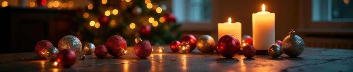 Decorative glass balls scattered around a candlelit table in front of a lit Christmas tree, ornate vase, twinkling candles, festive centerpieces