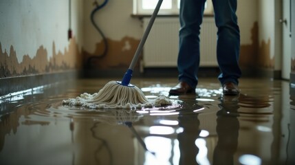A person cleans up a flooded indoor space using a mop, dealing with the aftermath of a water leak or overflow, evidence of damage is visible on the walls