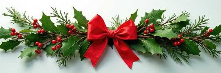 Decorative holly branches with ribbons and bows, ribbon, centerpiece