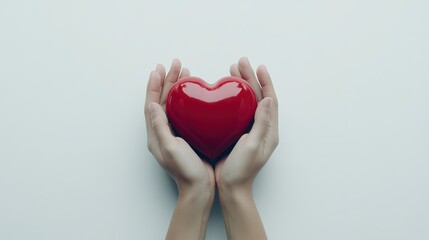 Obraz premium 3D hands holding a red heart illustration, symbolizing care, love, and compassion. Perfect for love