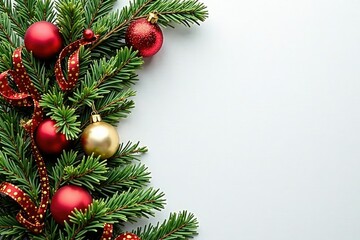 Decorative evergreen branch with ornaments and ribbons, Christmas decorations, pine tree branches