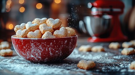 Bowl of cookies dusted with powdered sugar.