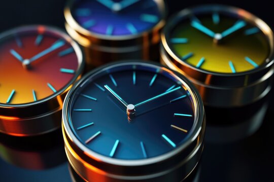 A close-up shot of three differently colored clocks side by side