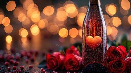 Romantic setting with roses and a heart-shaped bottle.