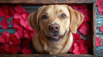 Dog surrounded by rose petals, looking happy.