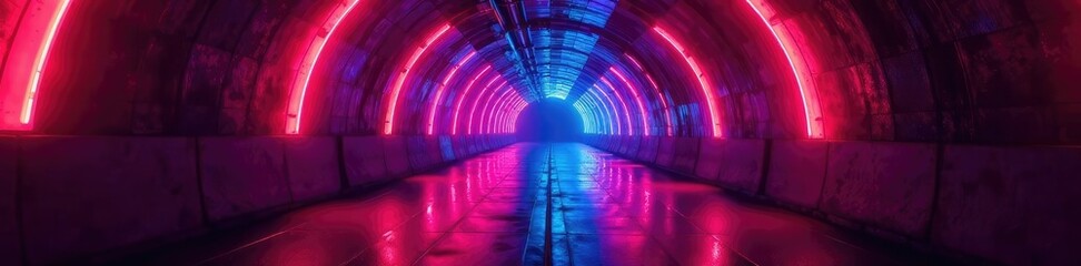 Dark tunnel illuminated by glowing neon lights, light, atmosphere