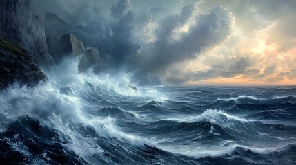 Fototapeta premium Raging ocean waves crashing, deep blue waters with turbulent froth, conveys power and chaos, perfect for maritime themes.