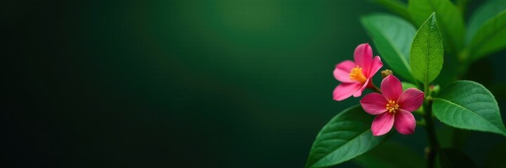 Fototapeta premium Dark, glossy background with lush green leaves and a few jasmine flowers in the foreground, botanical, , isolated