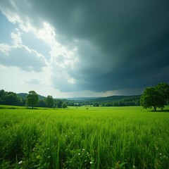 Dark clouds gather over a lush meadow field under grey skies, nature, greenery, fields