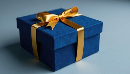 Obraz premium Dark blue velvet box with a golden ribbon tied at the top, art piece, bow