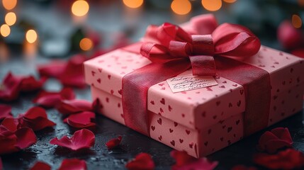 Gift box adorned with hearts and rose petals.