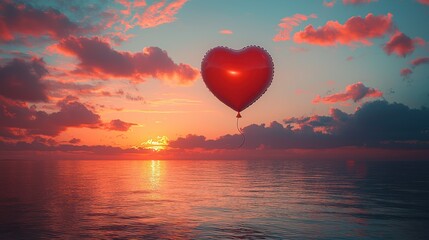Heart-shaped balloon at sunset over the ocean.