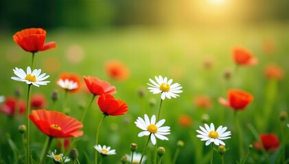 Fototapeta premium Daisies and poppies in a lush green cornflower field, daisies,