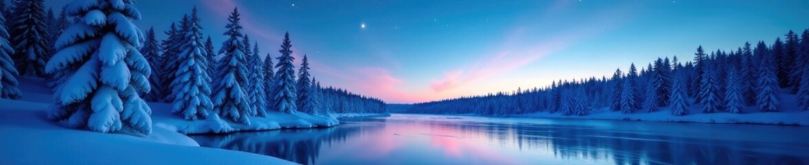 A winter wonderland with tall snowy trees and a bright blue sky at dusk under the stars, icy lake, forest