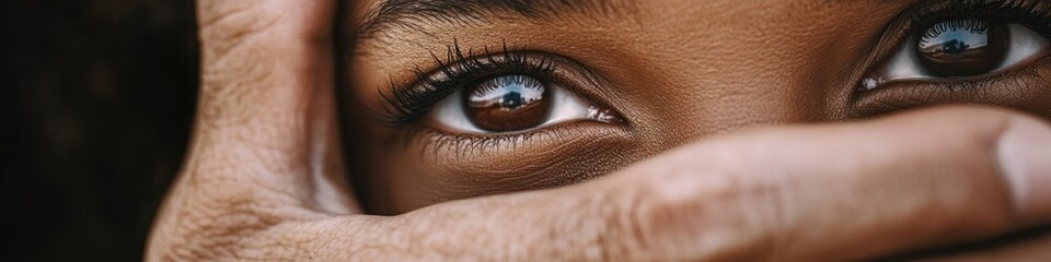 A detailed view of an eye with a finger gently touching the eyelid, suitable for medical or scientific illustrations