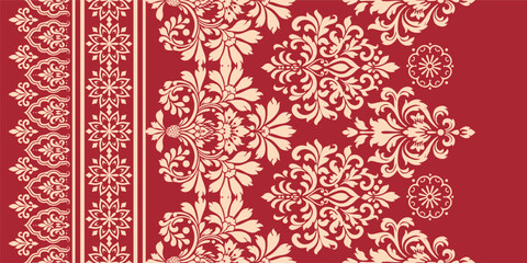 floral pattern vintage ethnic modern embroidery texture boho design vector illustration hand drawn pink flower motif branches leaves wallpaper seamless background border.   © Thitichot