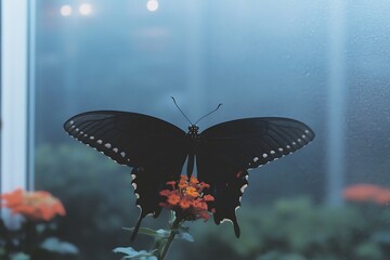 Majestic Black Butterfly on Orange Flower