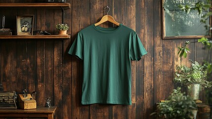 Naklejka premium Green t-shirt hanging on a rustic wooden wall, clean and minimal design, soft lighting, perfect for showcasing casual fashion