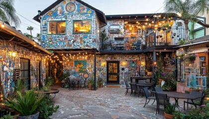 Fototapeta premium Mosaic art covers exterior walls of outdoor dining area