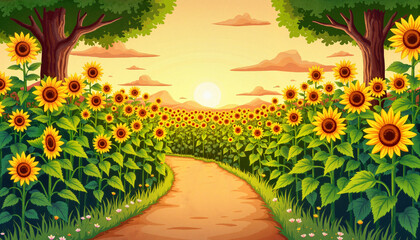 Obraz premium Sunflower field at sunset with trees lining the pathway