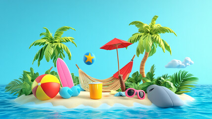 Fototapeta premium Beautiful Illustration background for summer vacation, Summer beautiful beach scene scenic landscape, palm trees surround a tranquil river, flowing through a sea beach.