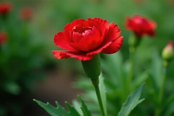 Obraz premium A single stem of red carnation cut from a garden, nature, blooms, leafy greens