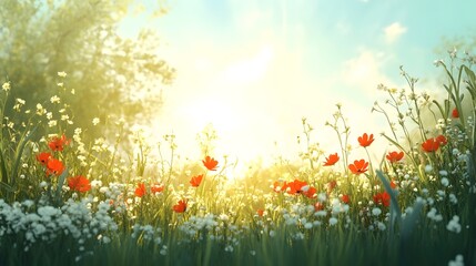 Vibrant Meadow Landscape with Blooming Wildflowers and Sunlight