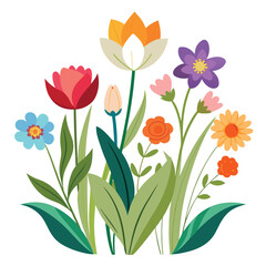 A vector illustration presents a colorful spring bouquet with pink and yellow tulip flowers, showcasing a floral design element of nature