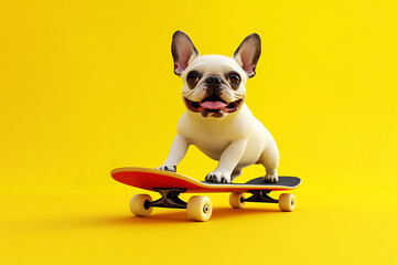 A playful dog riding a skateboard against a bright yellow background.