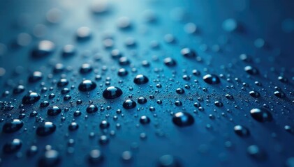 Tiny water droplets glisten on dark blue metallic surface, water droplets, shiny surface, liquid droplets