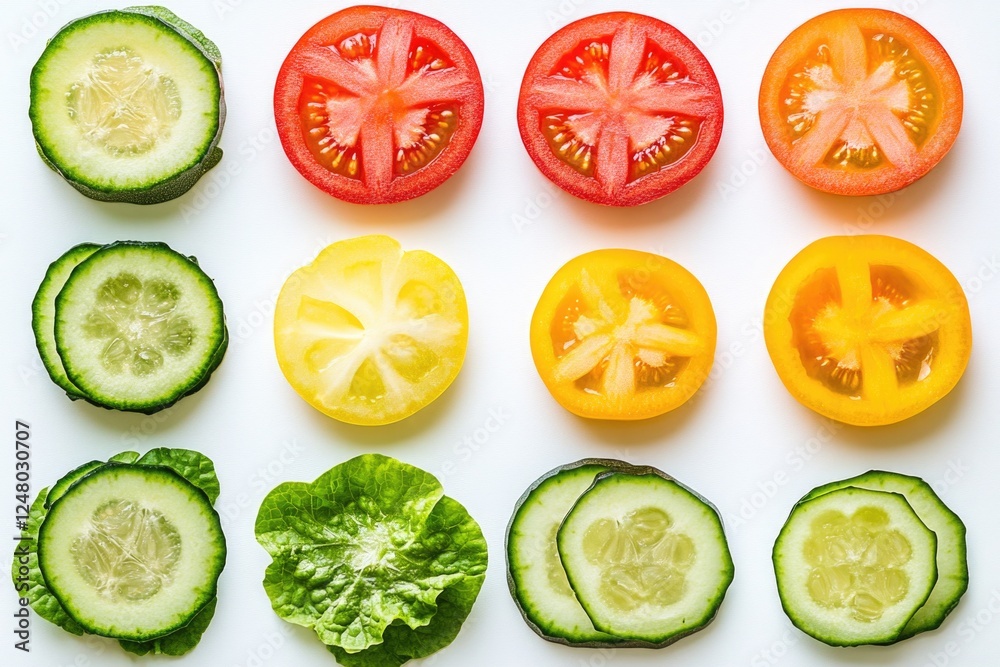 Poster A selection of sliced tomatoes and cucumbers arranged on a white surface, perfect for use in food photography or as a prop for creative projects
