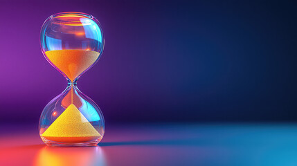 Hourglass with sand flowing, illuminated by vibrant purple and blue neon light, against a dark background.