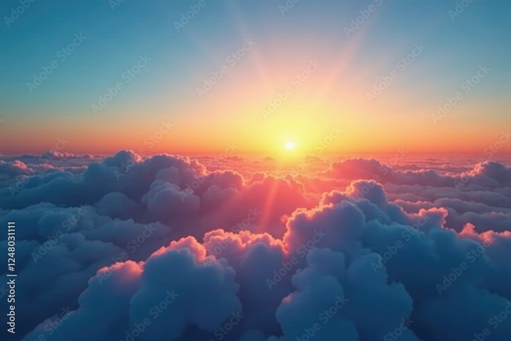 Wall mural the sun rises above the clouds in a clear blue sky, dawn, bright