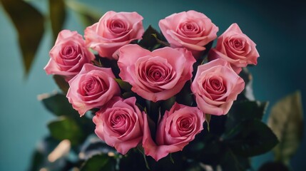 Obraz premium A bouquet of fresh pink roses arranged in a decorative vase