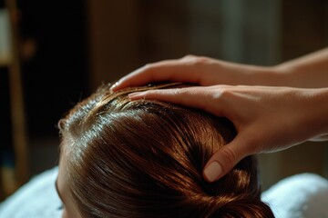 Obraz premium A woman sits in a salon chair, having her hair styled by a professional hairdresser