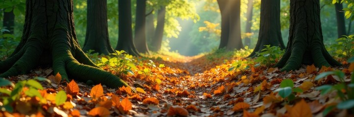 The forest floor is carpeted with a thick layer of leaves, trees, nature, underbrush