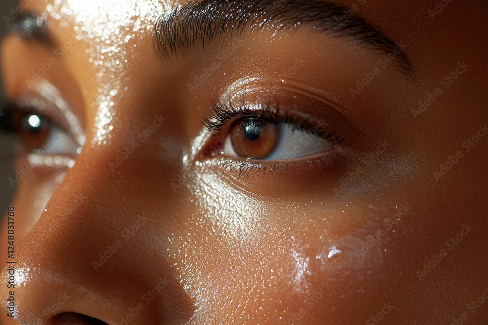 Aufkleber a close-up of a woman's face with water droplets or tears, suitable for use in various contexts such
