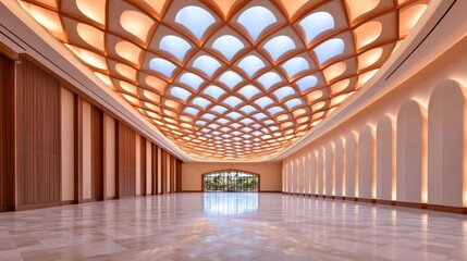 Fototapeta premium Elegant Modern Hallway Interior Design with Ornate Ceiling and Wooden Walls