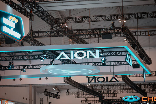 27 NOVEMBER 2024, ICE BSD, GAIKINDO JAKARTA AUTO WEEK. Portrait Of The AION Logo Illuminated By Lights At The Indoor Automotive Exhibition. Looks Very Cool And Also Elegant.