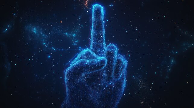 Glowing digital hand making obscene gesture against dark space background.
