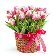 Fototapeta premium A wicker basket filled with pink and white tulips tied with a red ribbon, on isolated white background
