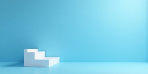 Fototapeta premium Simple white three-step platform against a light blue backdrop, ideal for product displays or minimalist presentations.