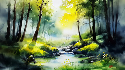 Fototapeta premium 水彩画,風景,自然,淡色,絵画,自然風景,美しい景色