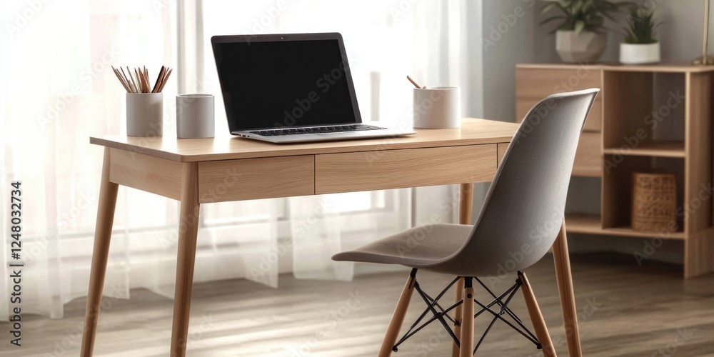 Poster a laptop computer sits on top of a wooden desk, ready for use